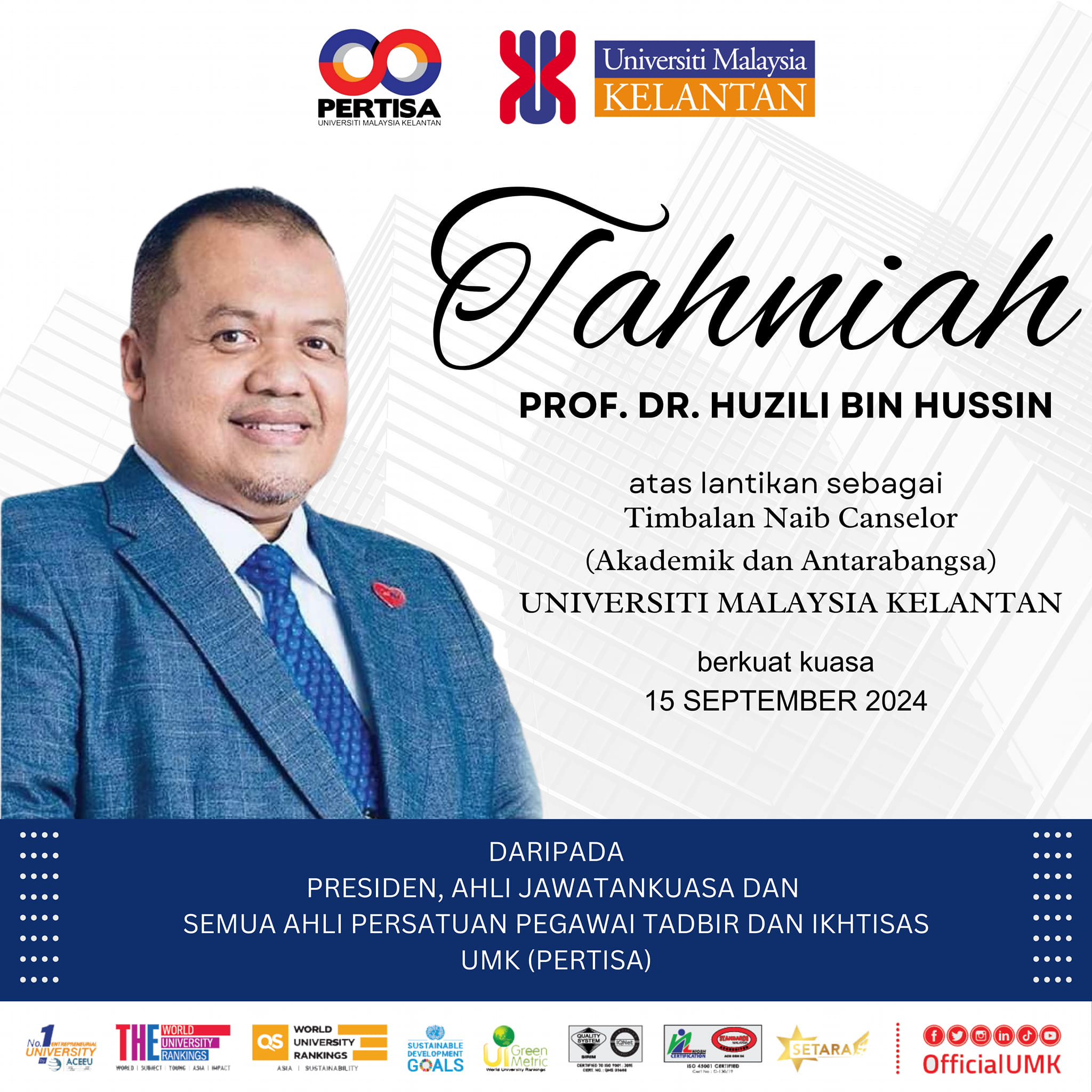 Pelantikan sebagai Timbalan Naib Canselor, Akademik dan Antarabangsa, Universiti Malaysia Kelantan.